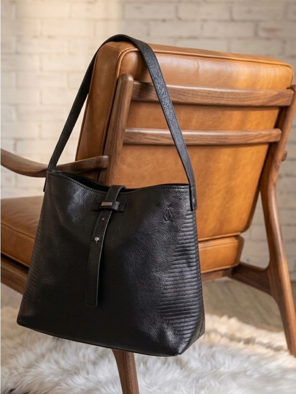 Volcom Black Leather Shoulder Bag with Subtle Texture
